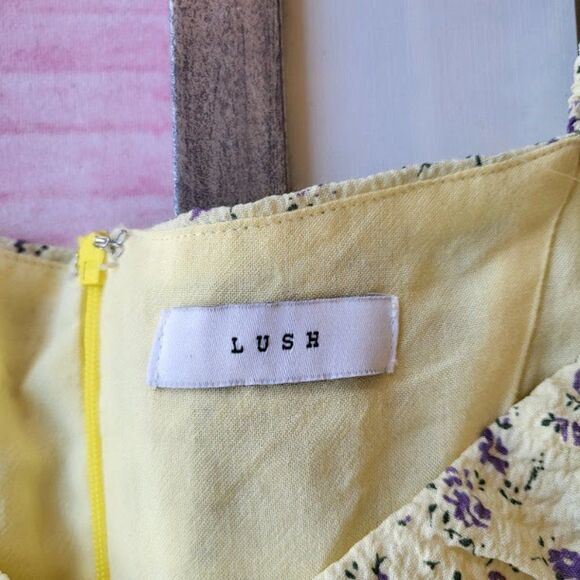 Lush Yellow Floral Puff Sleeves Ruched Ruffle Fitted Bodycon Mini Dress Small - Picture 6 of 6